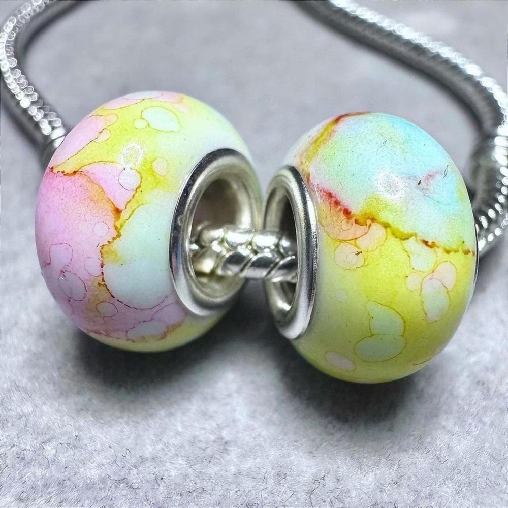 Yellow and Pink Pastel Spacer Beads Set Watercolor Swirls Fits Pandora